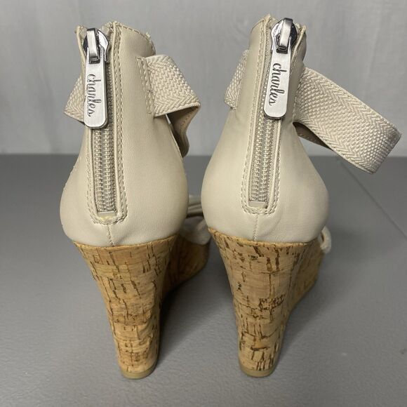 Charles David Platform Sandals Size 7.5 Wedge Zip Back Stretch Strap Beige - Picture 5 of 9